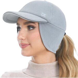 👑Women’s Grey Fleece Winter Hat Reflective Ponytail Ear Flap